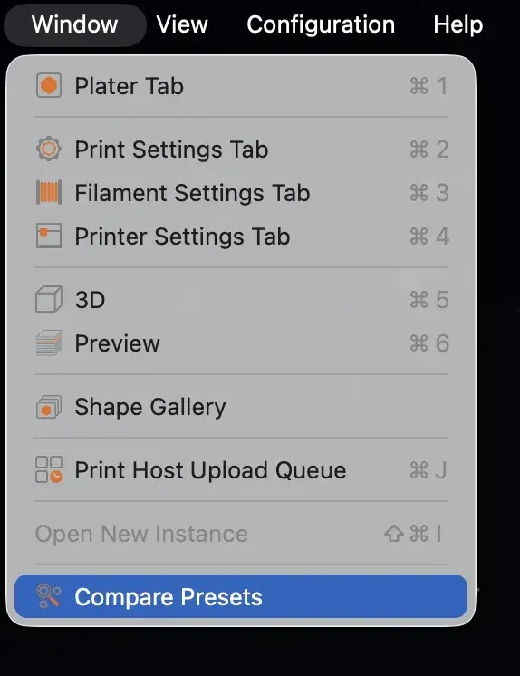 PrusaSlicer Window menu with Compare Presets