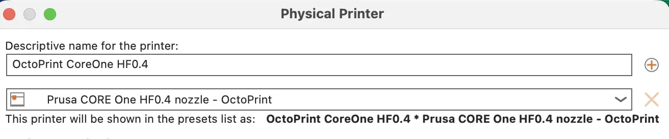 Physical printer linked to the OctoPrint copy of the CORE One profile