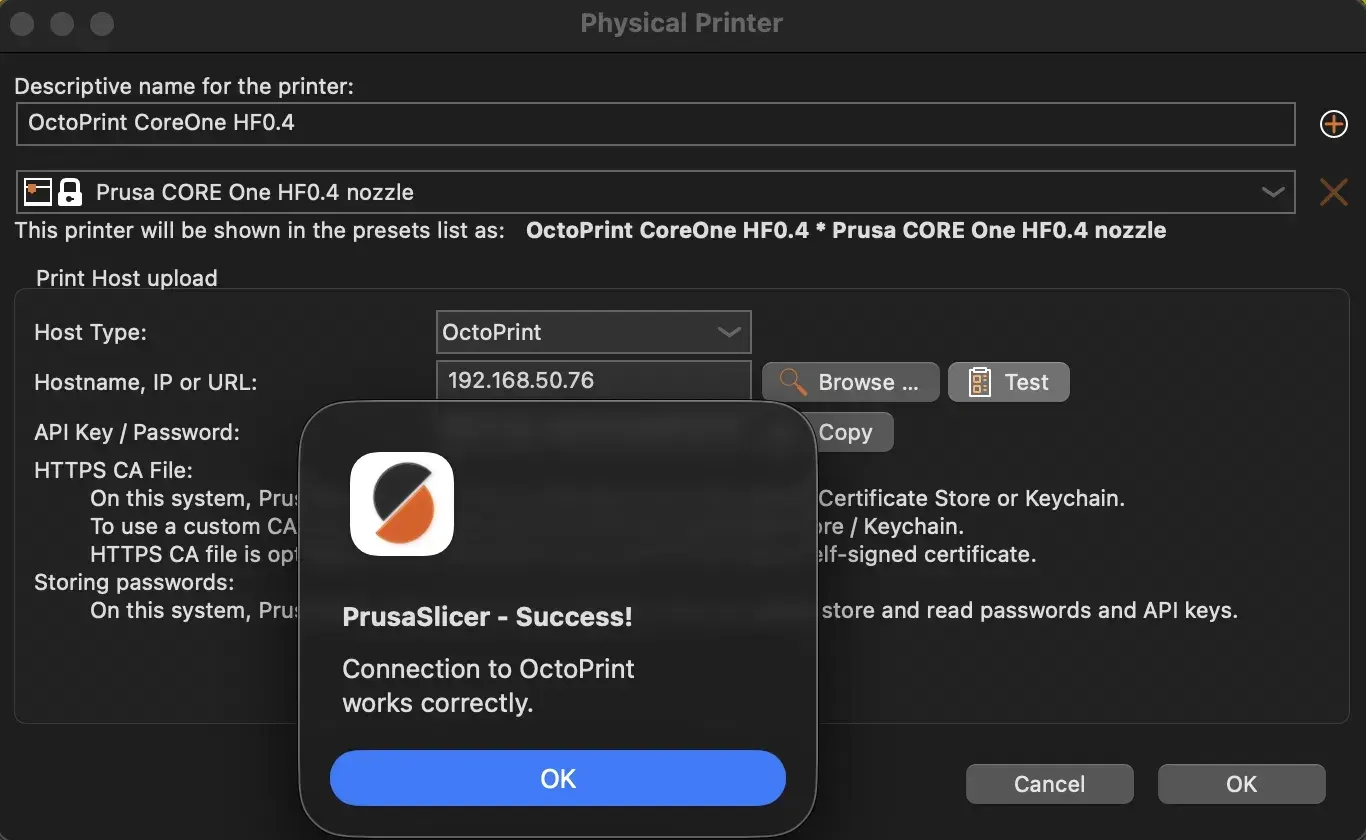 PrusaSlicer physical printer test passed